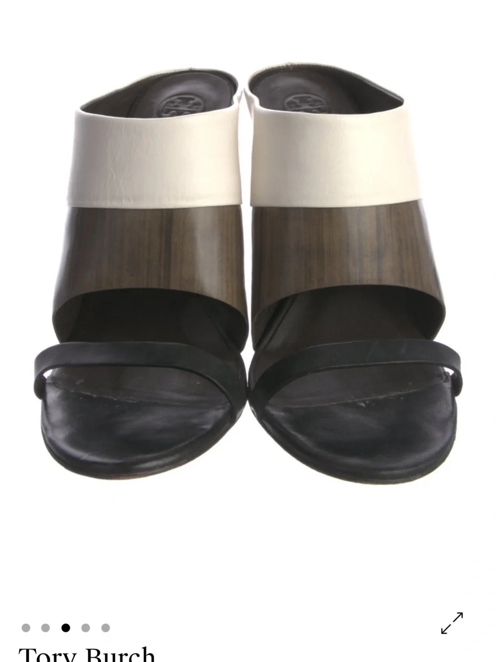 Tory Burch White, Black & Wood Block Heel Sandal with Blue and Orange Stripes